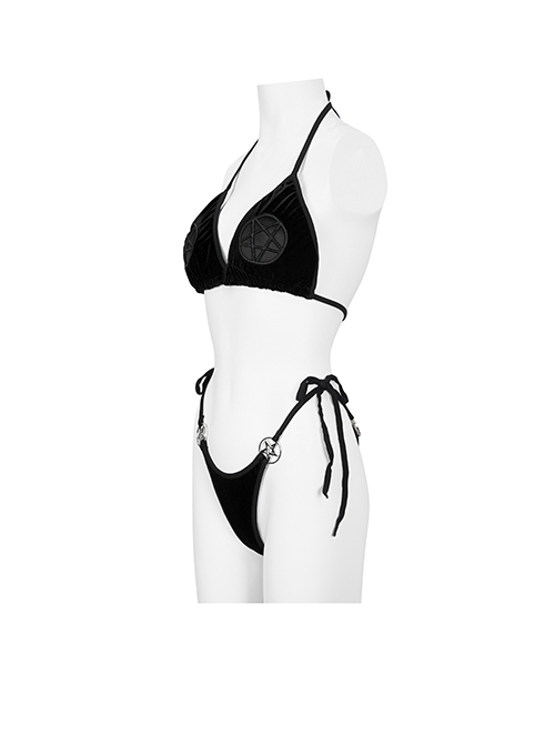 Gothic Style Sexy See Through Velvet Fabric Side Dragon Mouth Five Pointed Star Decoration Black Sexy Swimsuit Set