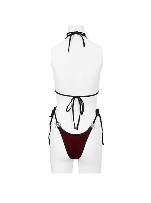 Gothic Style Sexy See Through Velvet Fabric Side Dragon Mouth Five Pointed Star Decoration Red Sexy Swimsuit Set