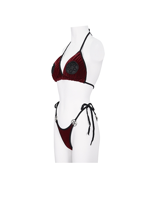 Gothic Style Sexy See Through Velvet Fabric Side Dragon Mouth Five Pointed Star Decoration Red Sexy Swimsuit Set