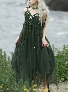 Moss Series Deep Green Fairy Nature Elves Wicker Pearl Flowers Elegant Classic Lolita Loose Suspender Yarn Dress