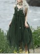 Moss Series Deep Green Fairy Nature Elves Wicker Pearl Flowers Elegant Classic Lolita Loose Suspender Yarn Dress