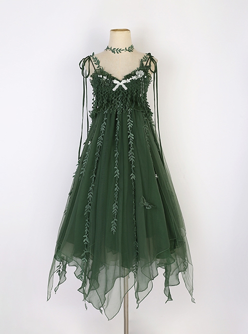 Moss Series Deep Green Fairy Nature Elves Wicker Pearl Flowers Elegant Classic Lolita Loose Suspender Yarn Dress