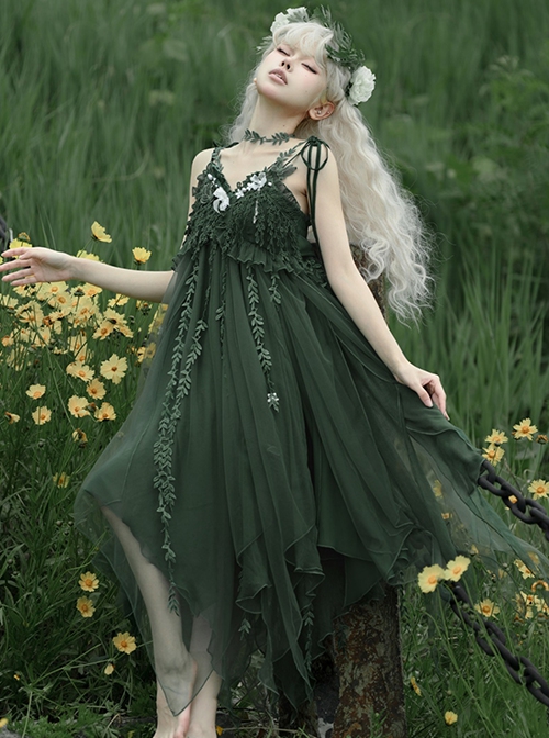 Moss Series Deep Green Fairy Nature Elves Wicker Pearl Flowers Elegant Classic Lolita Loose Suspender Yarn Dress