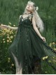 Moss Series Deep Green Fairy Nature Elves Wicker Pearl Flowers Elegant Classic Lolita Loose Suspender Yarn Dress