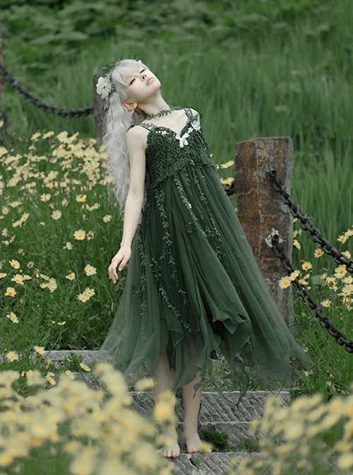 Moss Series Deep Green Fairy Nature Elves Wicker Pearl Flowers Elegant Classic Lolita Loose Suspender Yarn Dress