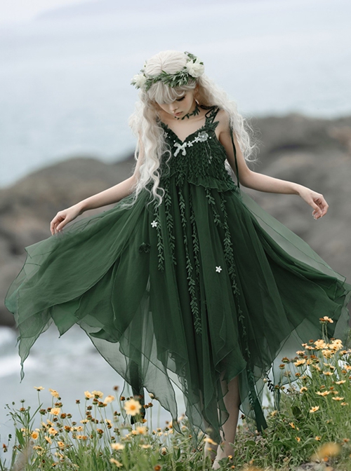 Moss Series Deep Green Fairy Nature Elves Wicker Pearl Flowers Elegant Classic Lolita Loose Suspender Yarn Dress