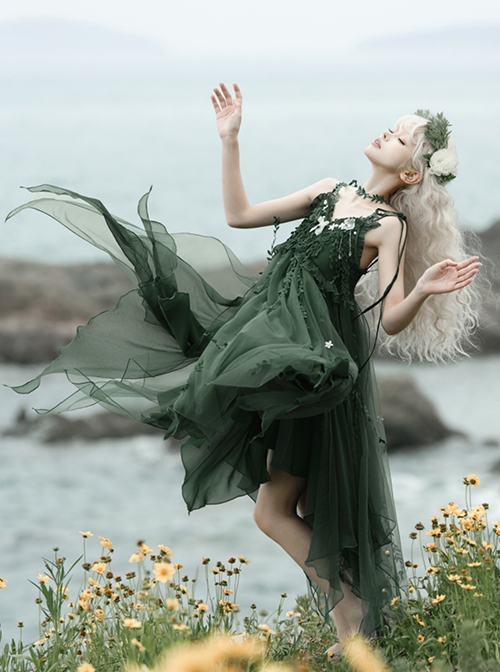 Moss Series Deep Green Fairy Nature Elves Wicker Pearl Flowers Elegant Classic Lolita Loose Suspender Yarn Dress