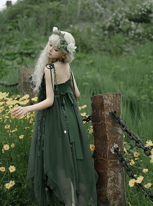 Moss Series Deep Green Fairy Nature Elves Wicker Pearl Flowers Elegant Classic Lolita Loose Suspender Yarn Dress