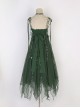 Moss Series Deep Green Fairy Nature Elves Wicker Pearl Flowers Elegant Classic Lolita Loose Suspender Yarn Dress