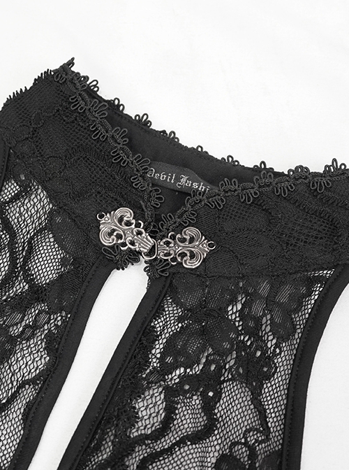 Gothic Style Sexy Embroidery Perspective With Lace High Collar Button Design Black Lace Underwear Set