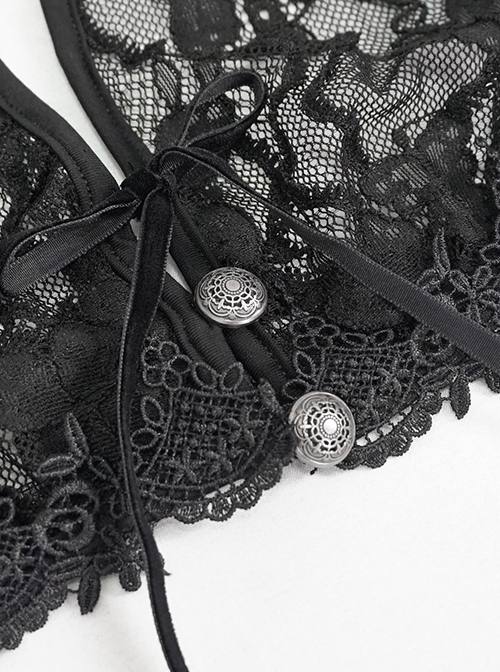 Gothic Style Sexy Embroidery Perspective With Lace High Collar Button Design Black Lace Underwear Set