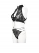 Gothic Style Sexy Embroidery Perspective With Lace High Collar Button Design Black Lace Underwear Set