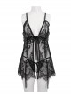 Gothic Style Sexy See Through Lace Front Deep V Neck Black Ribbon Secret Underwear Set