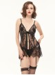 Gothic Style Sexy See Through Lace Front Deep V Neck Black Ribbon Secret Underwear Set