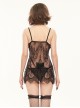 Gothic Style Sexy See Through Lace Front Deep V Neck Black Ribbon Secret Underwear Set