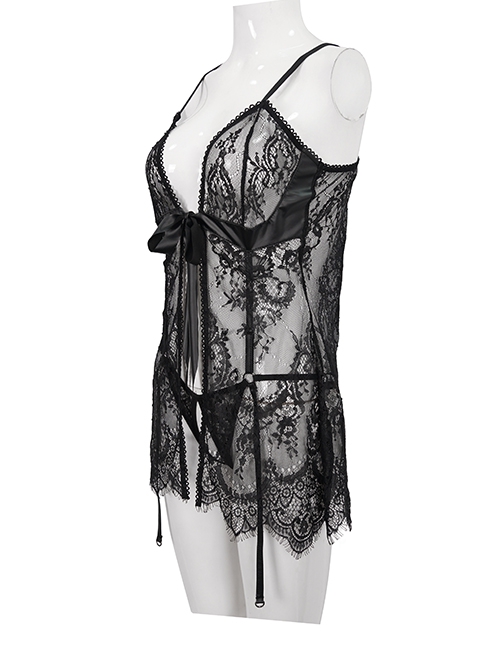 Gothic Style Sexy See Through Lace Front Deep V Neck Black Ribbon Secret Underwear Set