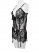 Gothic Style Sexy See Through Lace Front Deep V Neck Black Ribbon Secret Underwear Set