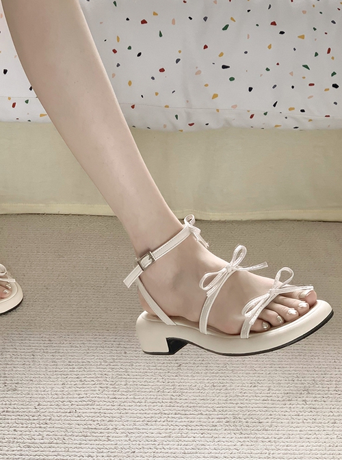 Beige Cute Fashionable Versatile Summer Vacation Ribbon Bowknot Sweet Lolita Roman Sandals