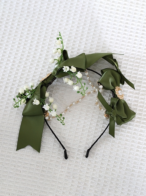 Lily Of The Valley Flower Series Forest Green Asymmetric Elegant Ribbon Bowknot Pearl Chain Classic Lolita Headband