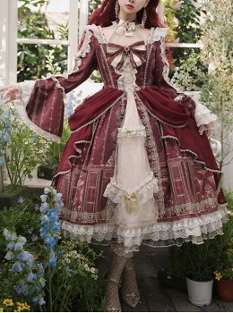 Baroque Palace Series Retro Wine Red Gorgeous Elegant Royal Lady Square Collar Lace Ribbon Bowknot Classic Lolita Dress