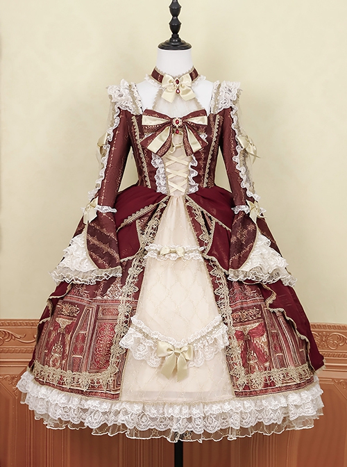 Baroque Palace Series Retro Wine Red Gorgeous Elegant Royal Lady Square Collar Lace Ribbon Bowknot Classic Lolita Dress