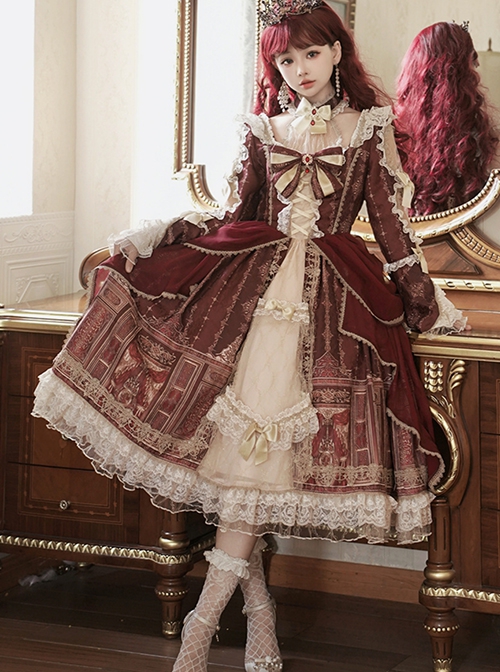 Baroque Palace Series Retro Wine Red Gorgeous Elegant Royal Lady Square Collar Lace Ribbon Bowknot Classic Lolita Dress