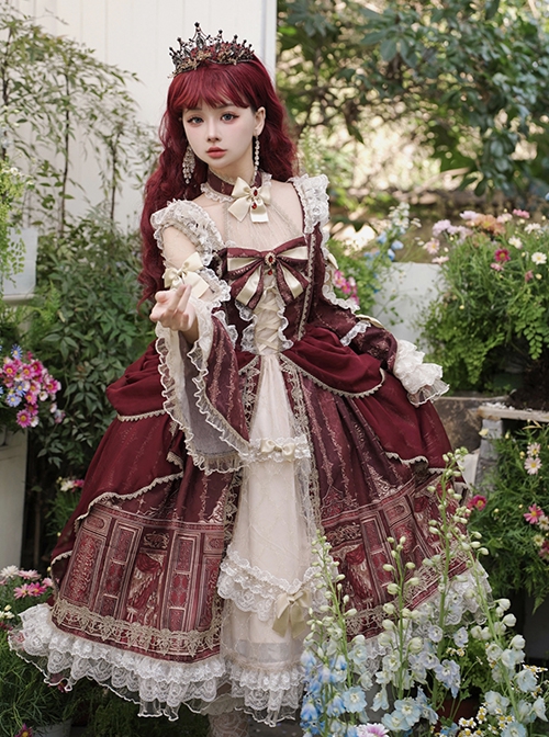 Baroque Palace Series Retro Wine Red Gorgeous Elegant Royal Lady Square Collar Lace Ribbon Bowknot Classic Lolita Dress