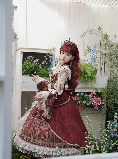 Baroque Palace Series Retro Wine Red Gorgeous Elegant Royal Lady Square Collar Lace Ribbon Bowknot Classic Lolita Dress