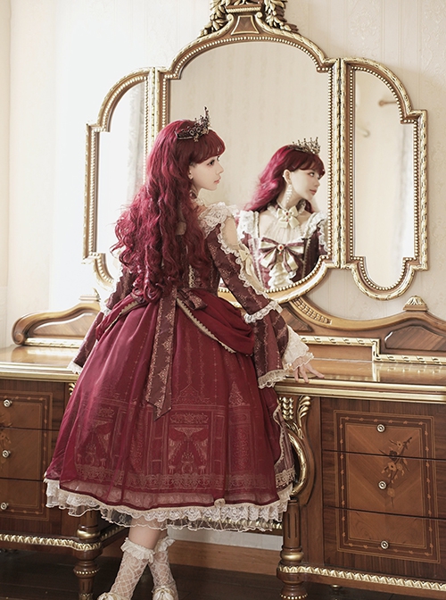 Baroque Palace Series Retro Wine Red Gorgeous Elegant Royal Lady Square Collar Lace Ribbon Bowknot Classic Lolita Dress