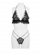 Gothic Style Three Point Sexy Perspective Lace Deep V Backless Black Halter Neck Underwear Set