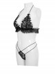 Gothic Style Three Point Sexy Perspective Lace Deep V Backless Black Halter Neck Underwear Set