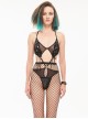 Gothic Style Sexy Backless Half Hollow Mesh Splicing Leather Lace Up Front Center Metal Ring Link Black Underwear Set