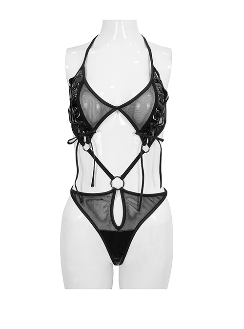 Gothic Style Sexy Backless Half Hollow Mesh Splicing Leather Lace Up Front Center Metal Ring Link Black Underwear Set