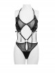 Gothic Style Sexy Backless Half Hollow Mesh Splicing Leather Lace Up Front Center Metal Ring Link Black Underwear Set