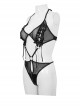 Gothic Style Sexy Backless Half Hollow Mesh Splicing Leather Lace Up Front Center Metal Ring Link Black Underwear Set