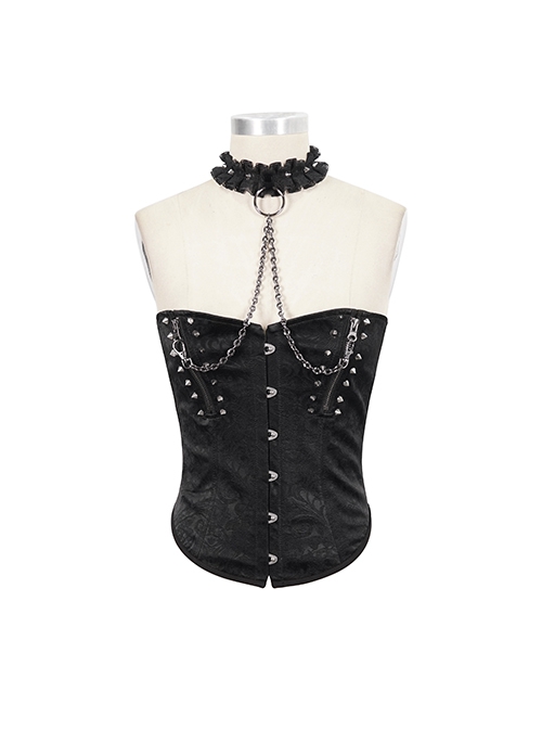 Gothic Style Exquisite Print Pattern With Lace Halter Neck Front Center Metal Chain Rivet Decoration Black Corset