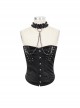 Gothic Style Exquisite Print Pattern With Lace Halter Neck Front Center Metal Chain Rivet Decoration Black Corset