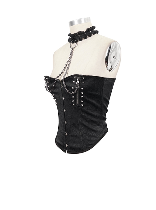 Gothic Style Exquisite Print Pattern With Lace Halter Neck Front Center Metal Chain Rivet Decoration Black Corset