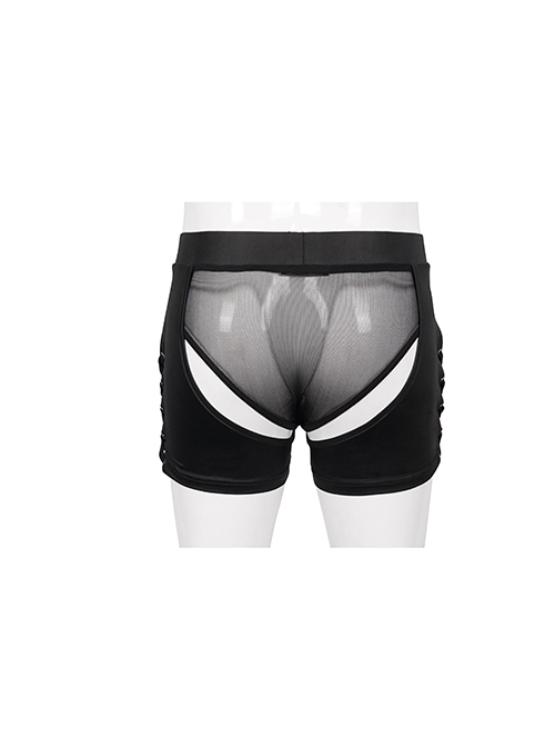 Punk Style Sexy Transparent Mesh With Bright Knit Side Eyelet Design Men's Black Shorts