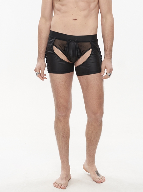 Punk Style Sexy Transparent Mesh With Bright Knit Side Eyelet Design Men's Black Shorts