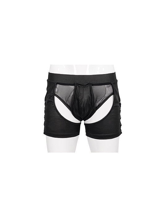 Punk Style Sexy Transparent Mesh With Bright Knit Side Eyelet Design Men's Black Shorts