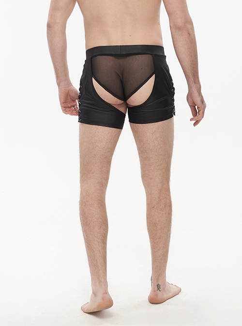 Punk Style Sexy Transparent Mesh With Bright Knit Side Eyelet Design Men's Black Shorts