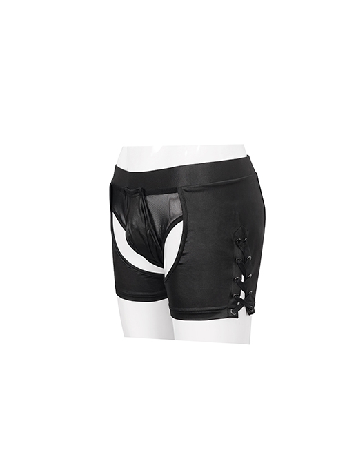 Punk Style Sexy Transparent Mesh With Bright Knit Side Eyelet Design Men's Black Shorts