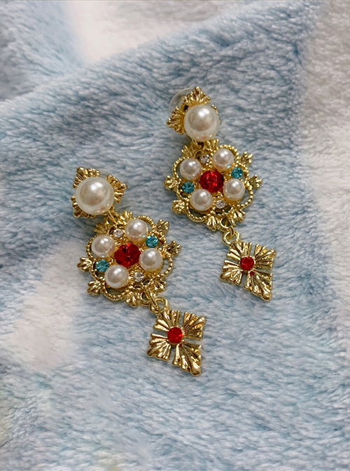 Oil Painting Girl Series Gorgeous Vintage Royal Artificial Ruby Pearl Jewelry Earrings