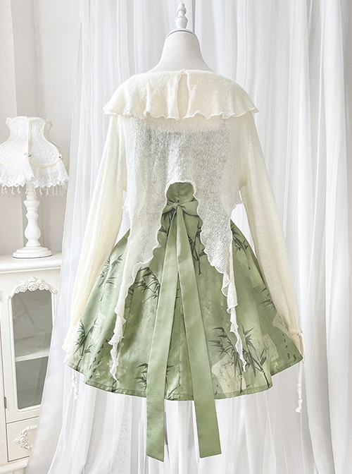 Chinoiserie Green Bamboo Print Bowknot Elegant Classic Lolita Suspender Dress Loose Cardigan Set