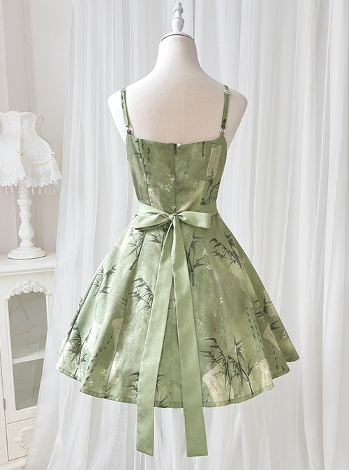 Chinoiserie Green Bamboo Print Bowknot Elegant Classic Lolita Suspender Dress Loose Cardigan Set