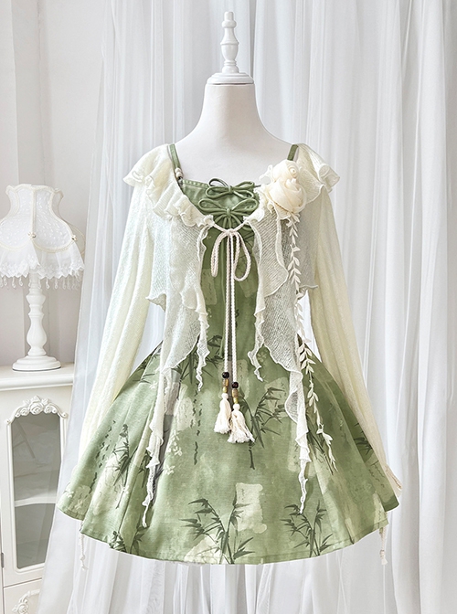 Chinoiserie Green Bamboo Print Bowknot Elegant Classic Lolita Suspender Dress Loose Cardigan Set