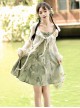 Chinoiserie Green Bamboo Print Bowknot Elegant Classic Lolita Suspender Dress Loose Cardigan Set