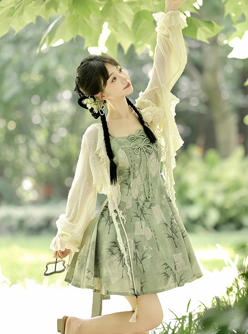 Chinoiserie Green Bamboo Print Bowknot Elegant Classic Lolita Suspender Dress Loose Cardigan Set