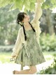 Chinoiserie Green Bamboo Print Bowknot Elegant Classic Lolita Suspender Dress Loose Cardigan Set